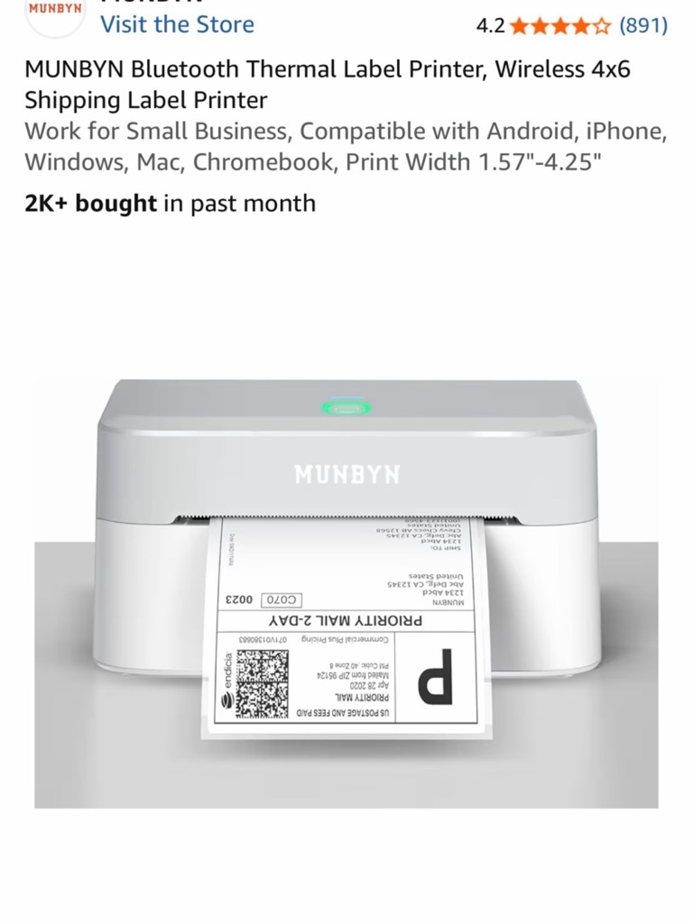 MUNBYN Bluetooth Thermal Label Printer, Wireless Shipping Label Printer